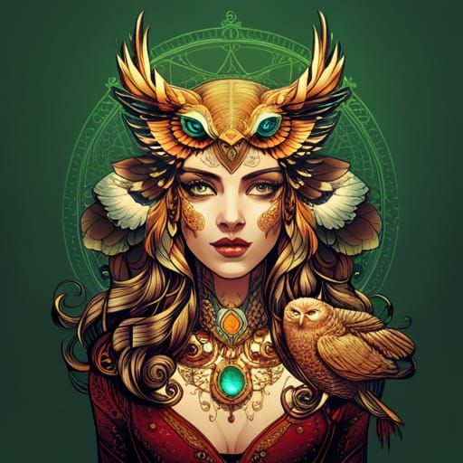 Steampunk Owl Queen Digital Painting with Luminous Colors