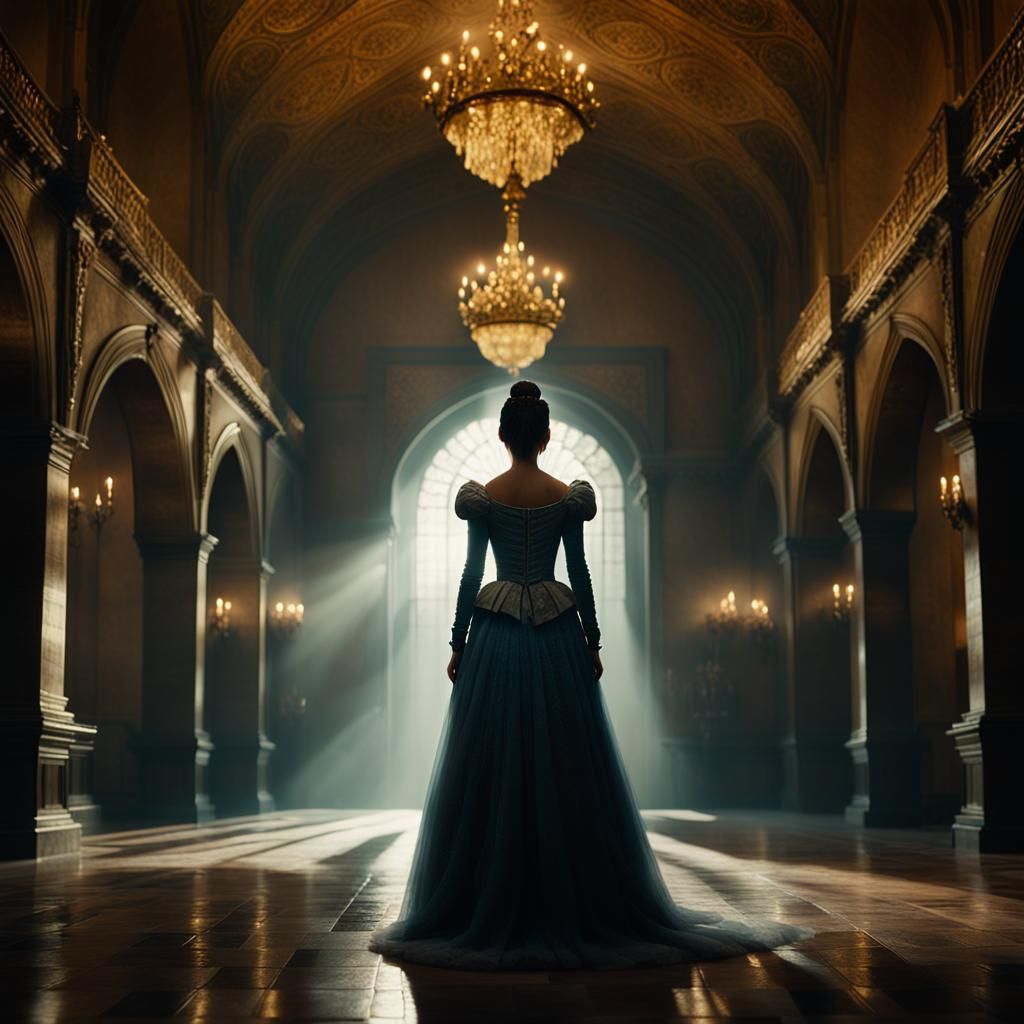 Princesa Normanda in Grand Hallway, Cinematic Digital Art