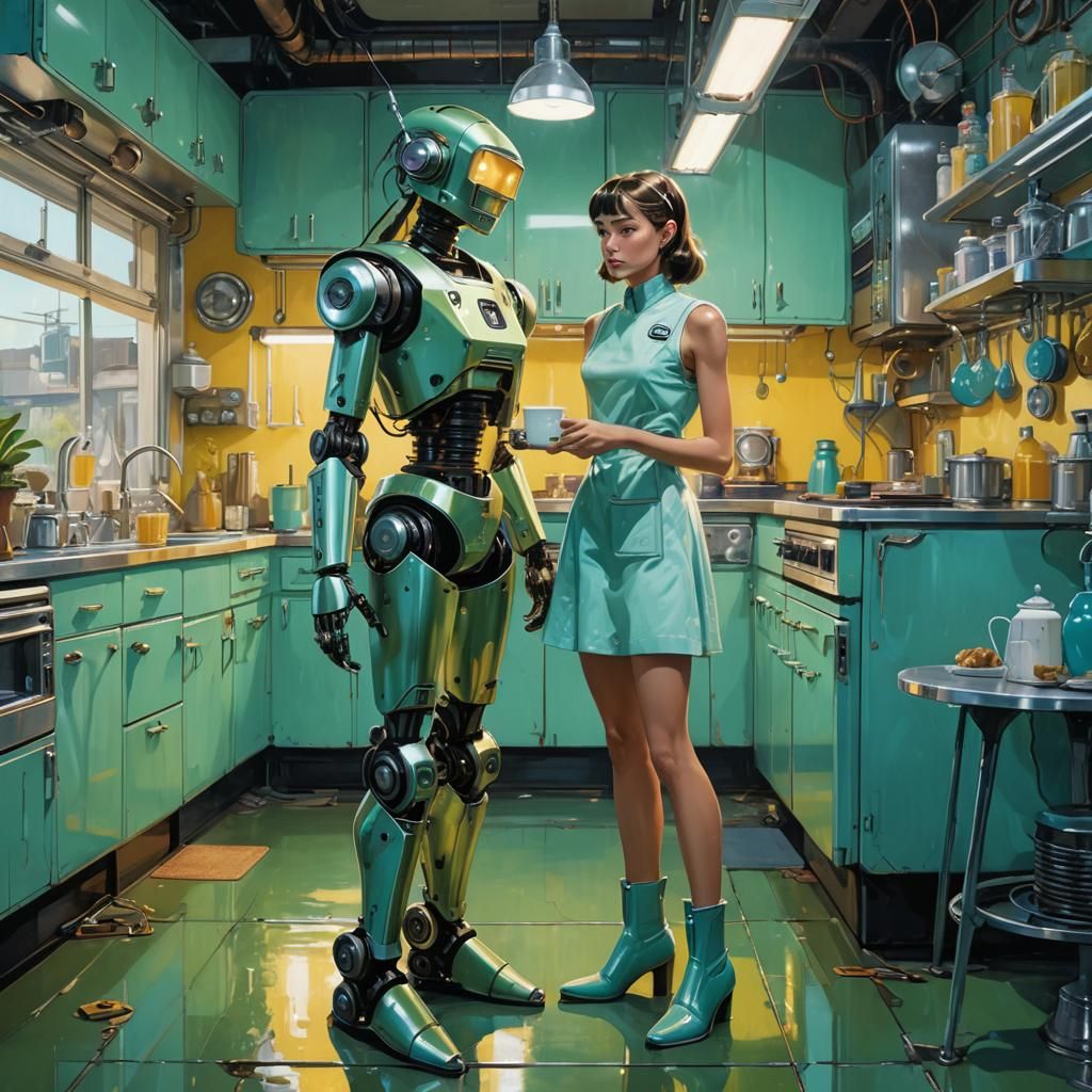 Retro Robot Offers Milk in Nostalgic Kitchen