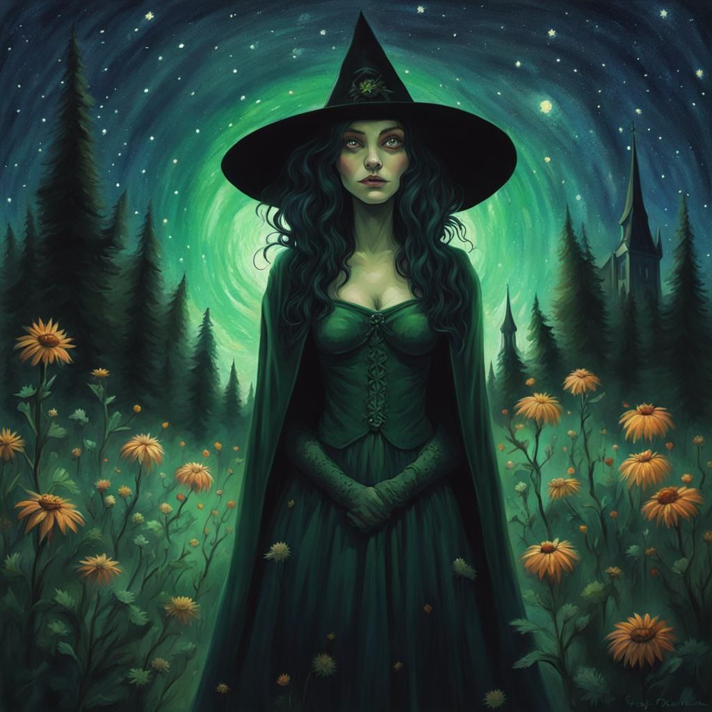 Witch in Flower Garden Enamored by Starry Sky