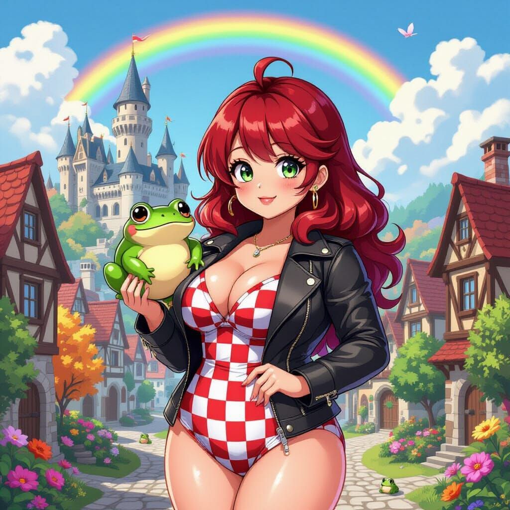 Anime Woman with Crimson Hair and Frog in Candy Art Style