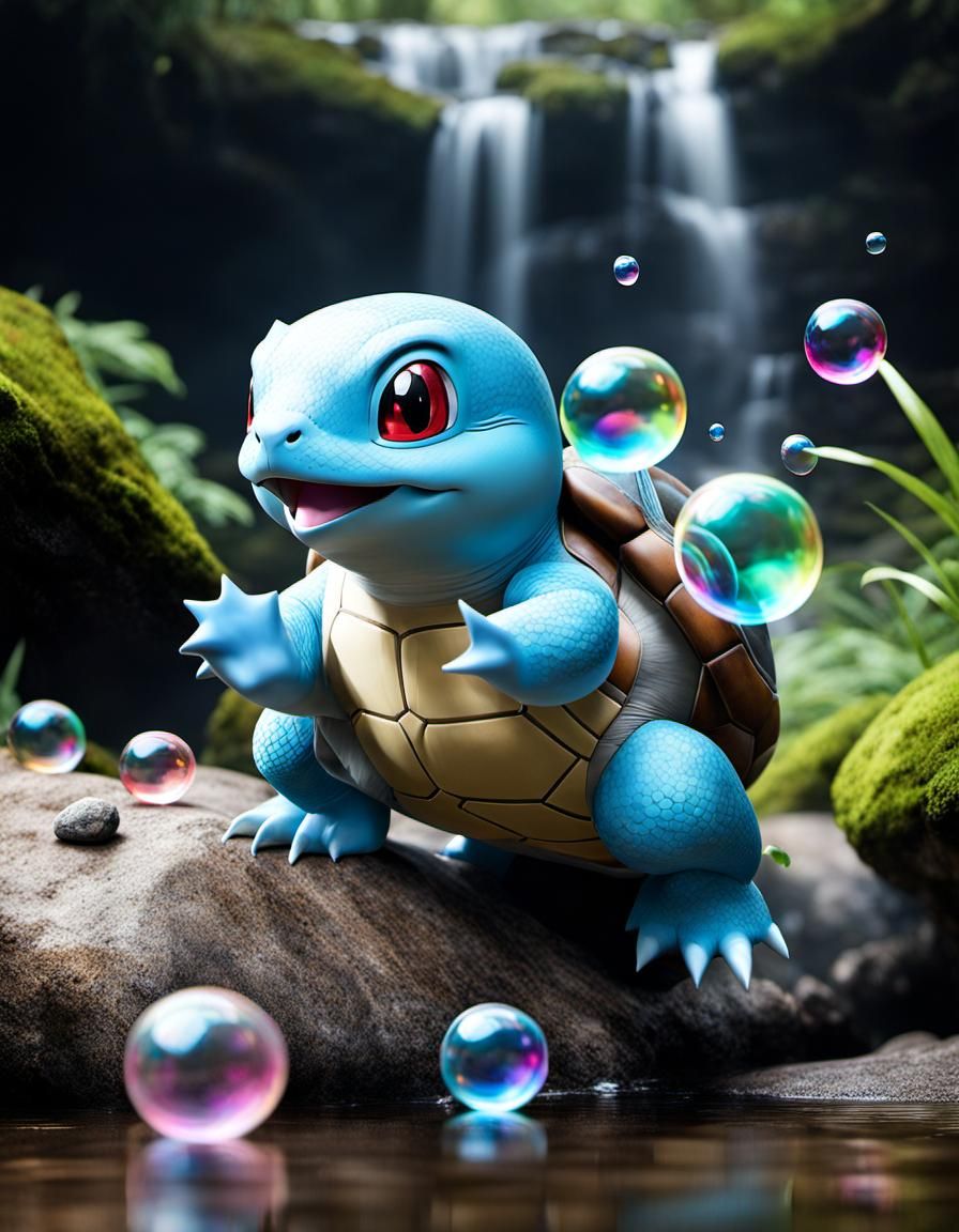 Realistic Squirtle Blowing Bubbles in Forest Creek