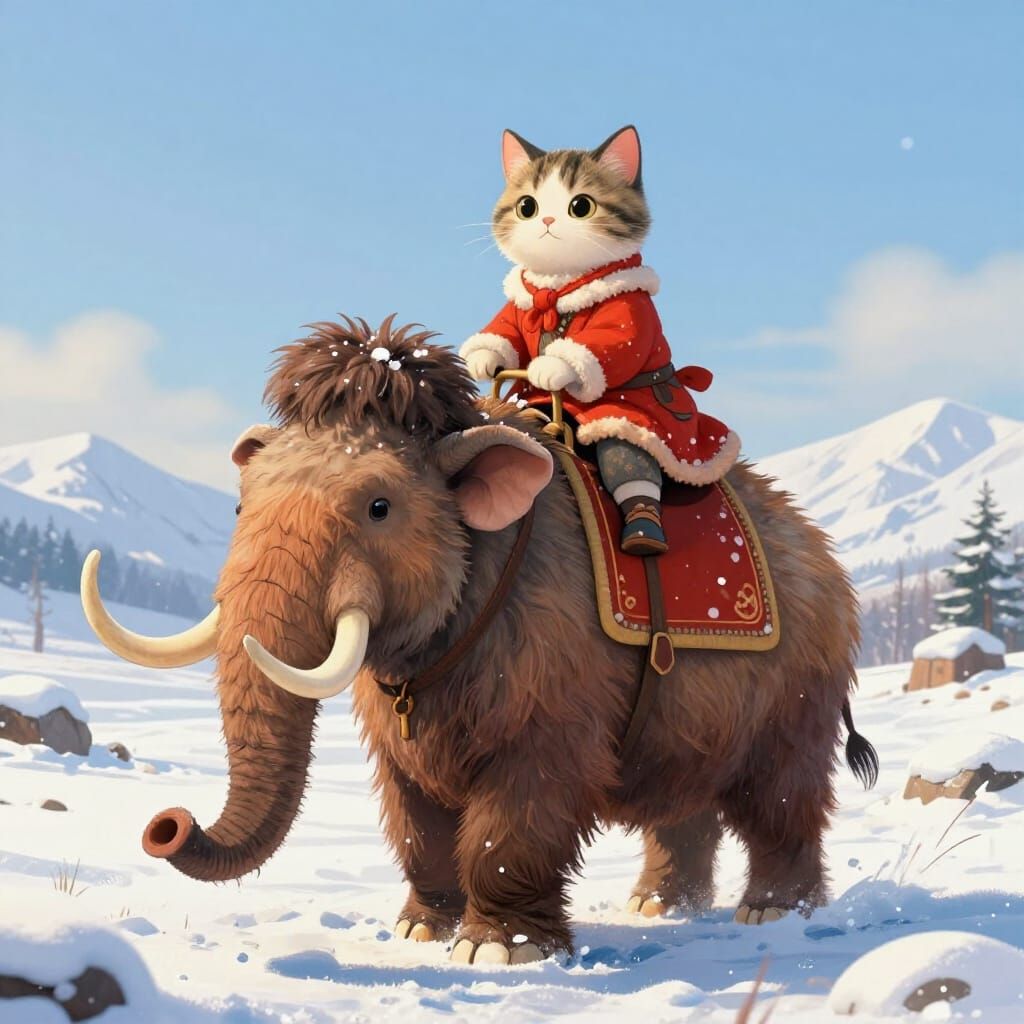 Giant Kitten Rides Mammoth Through Snowy Valley