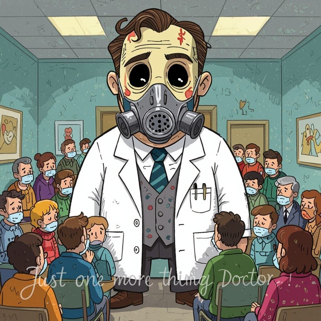 Cartoon Doctor with Plague Mask and OCD