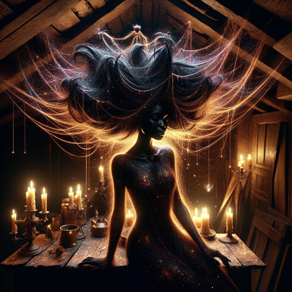 Mystical Spider Silk Woman in Rustic Attic