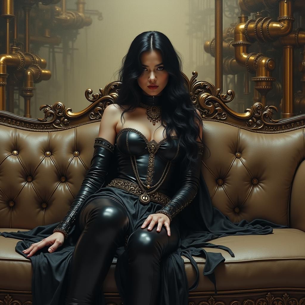 Goth Woman Posing on Steampunk Couch in Oil Painting