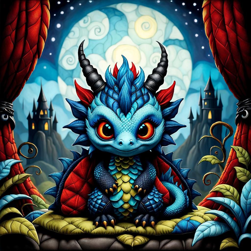 Gothic-Punk Baby Dragon with Blue Mohawk, Quilted Style