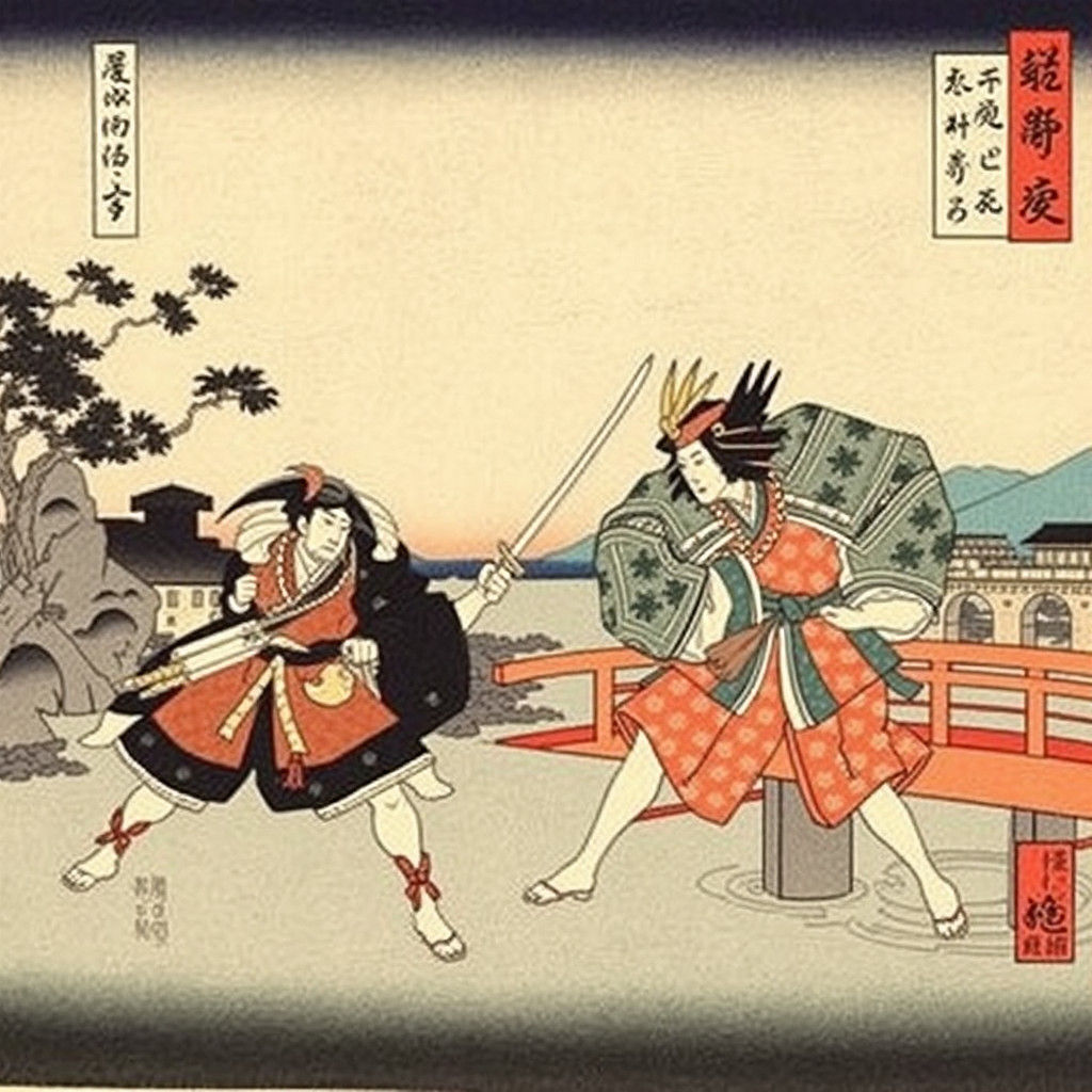 “Fight of Ushiwakamaru and Benkei at Gojo Bridge near Kyoto”...
