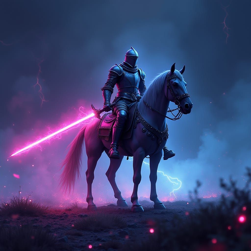 Epic Neon Knight on Glowing Battlefield in Comic Book Style