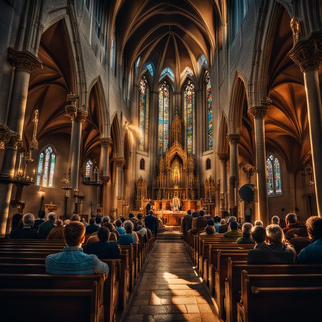 Hyperrealistic Church Built of People in Golden Light