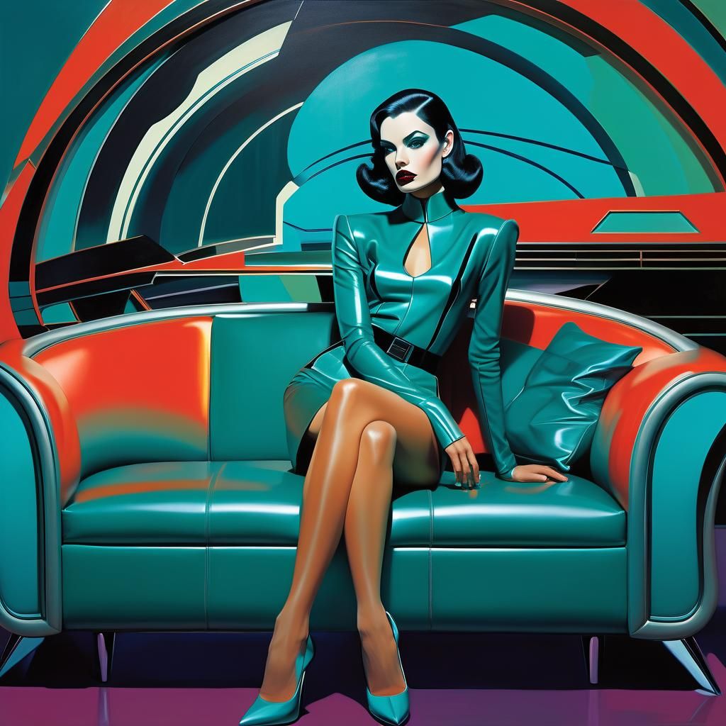 Retro Woman on Sofa in Futuristic Style