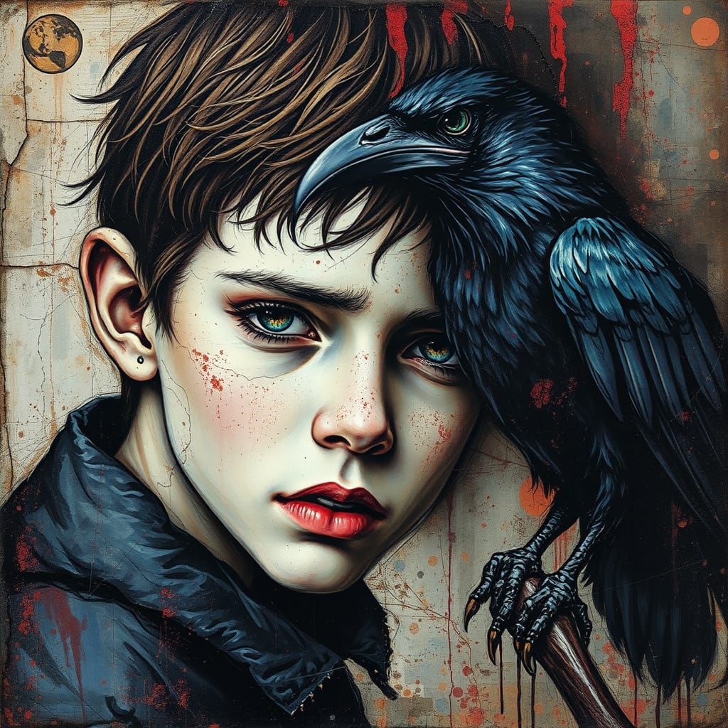 Surreal Emotional Portrait with Crow in Dark Colors