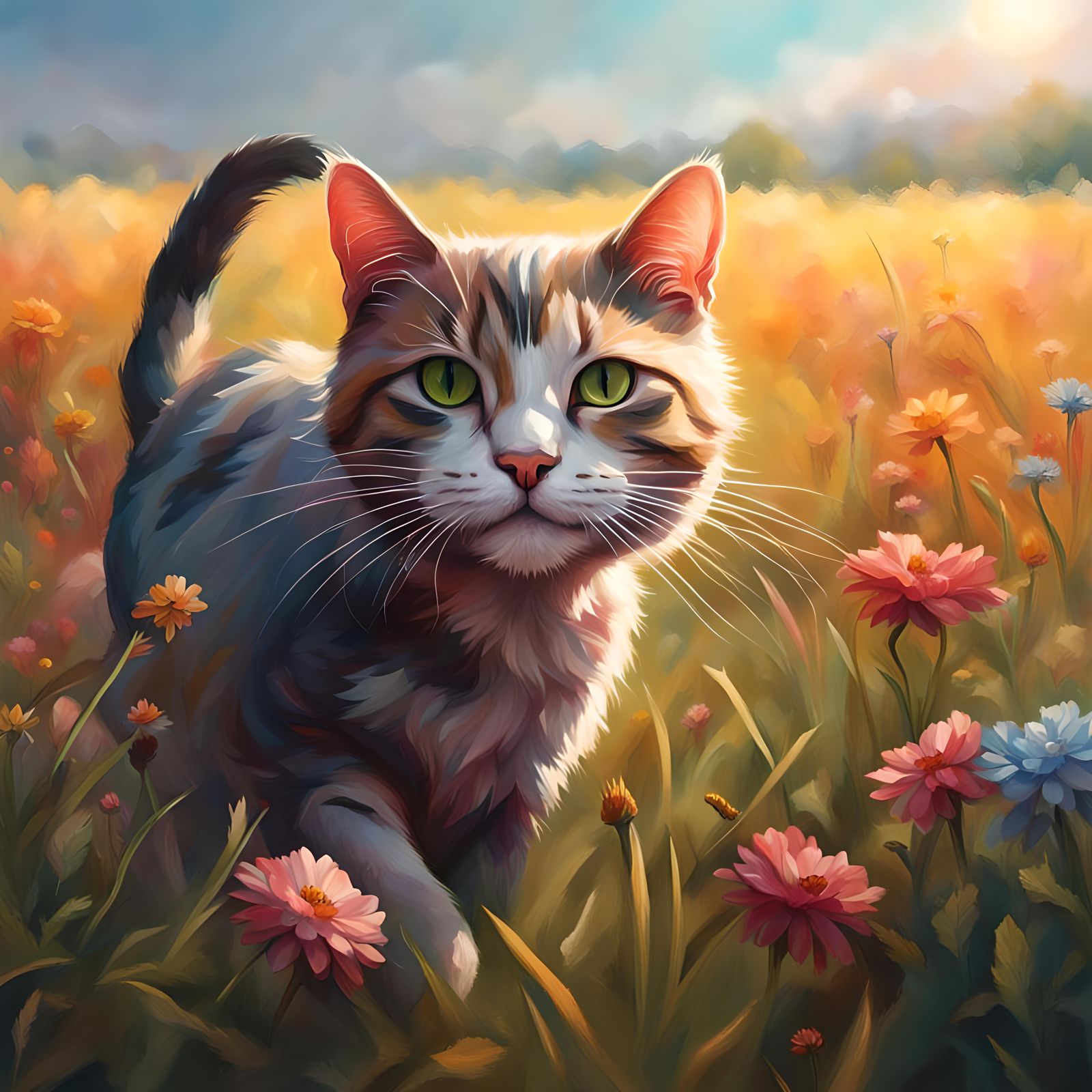 Hyperrealistic Cat in Flower Field Splash Art
