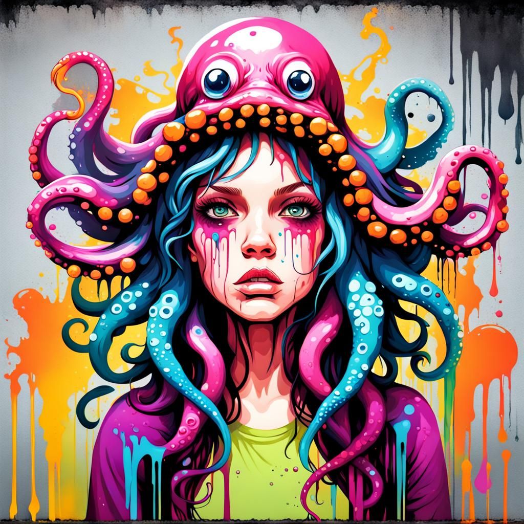 Kraken Girl in Colorful Graffiti Street Art