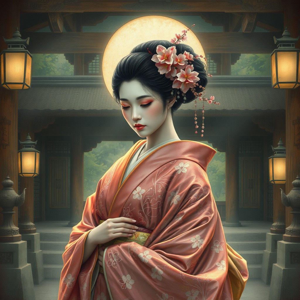 Ethereal Geisha in Kimono at Ancient Temple