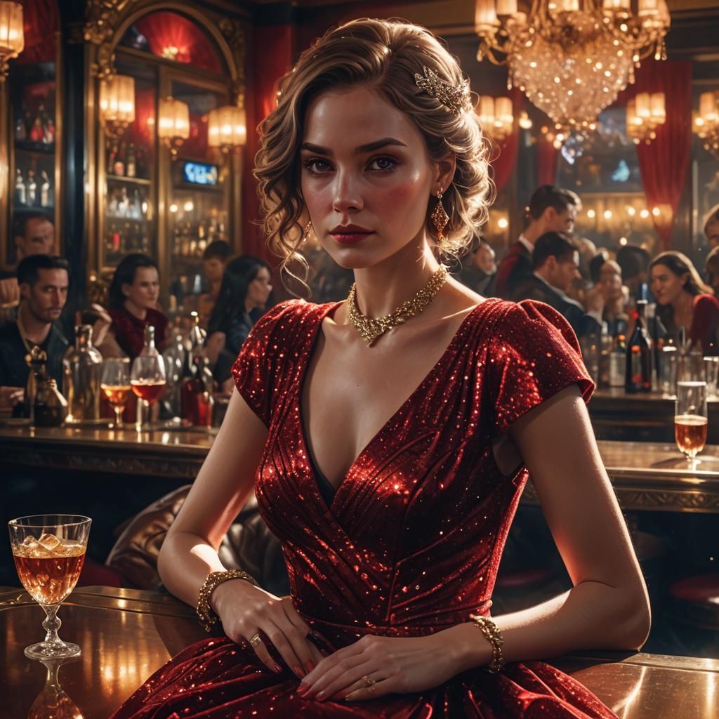 Glamorous Woman at Bar in Fantasy Art Style