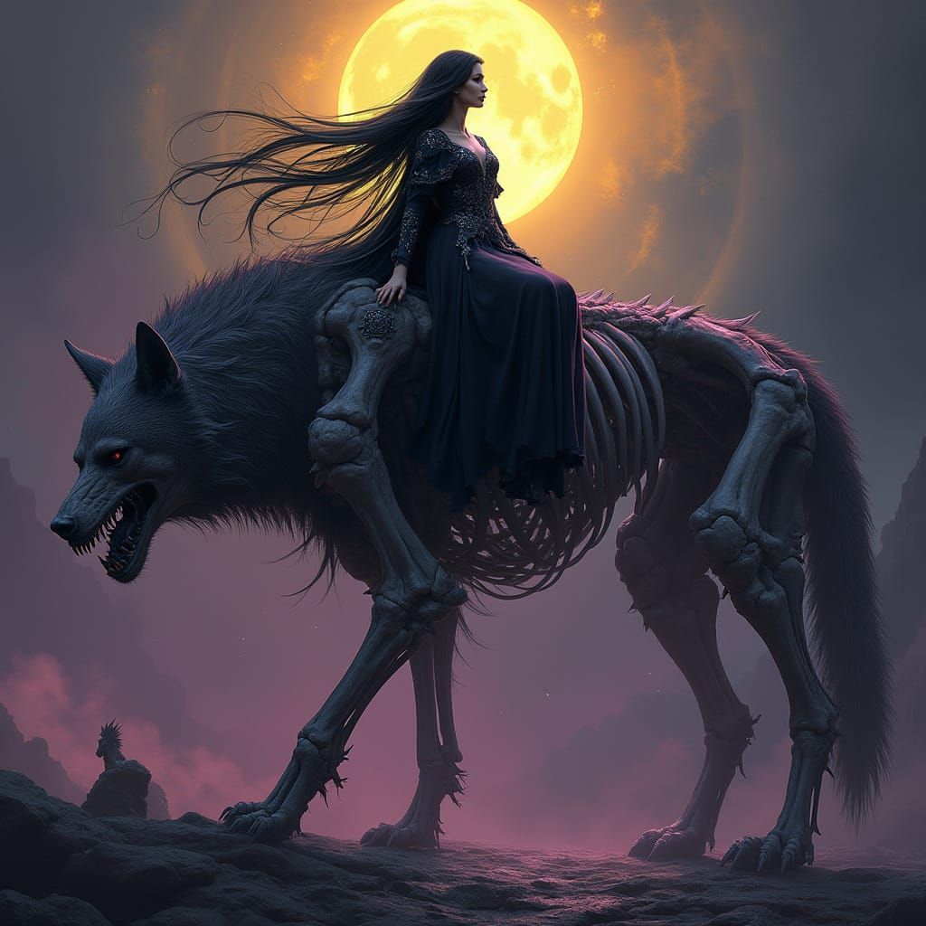 Dark Fantasy Necromancer Rides Her Skeleton Dire Wolf