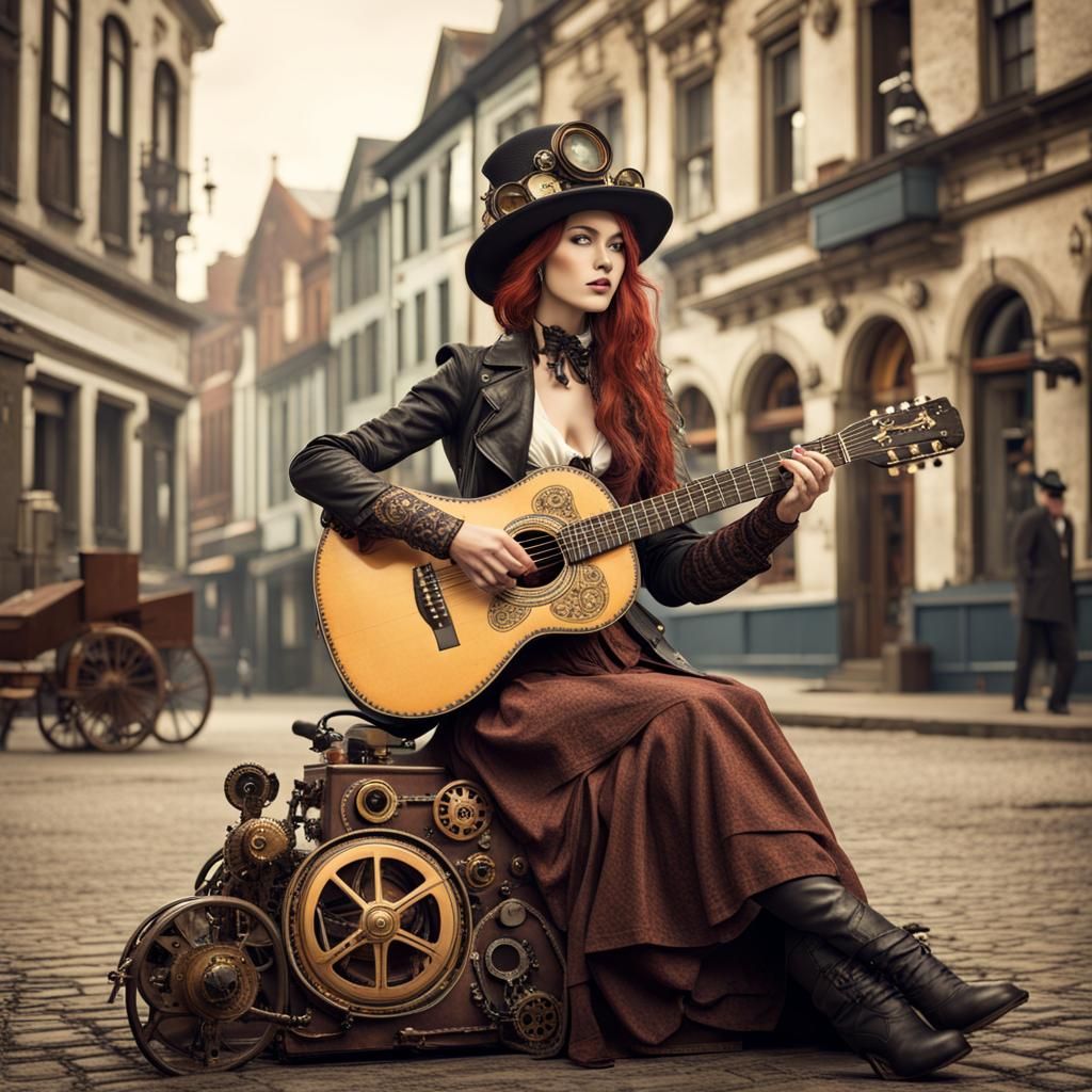 Steampunk Musician in Vintage Town Square
