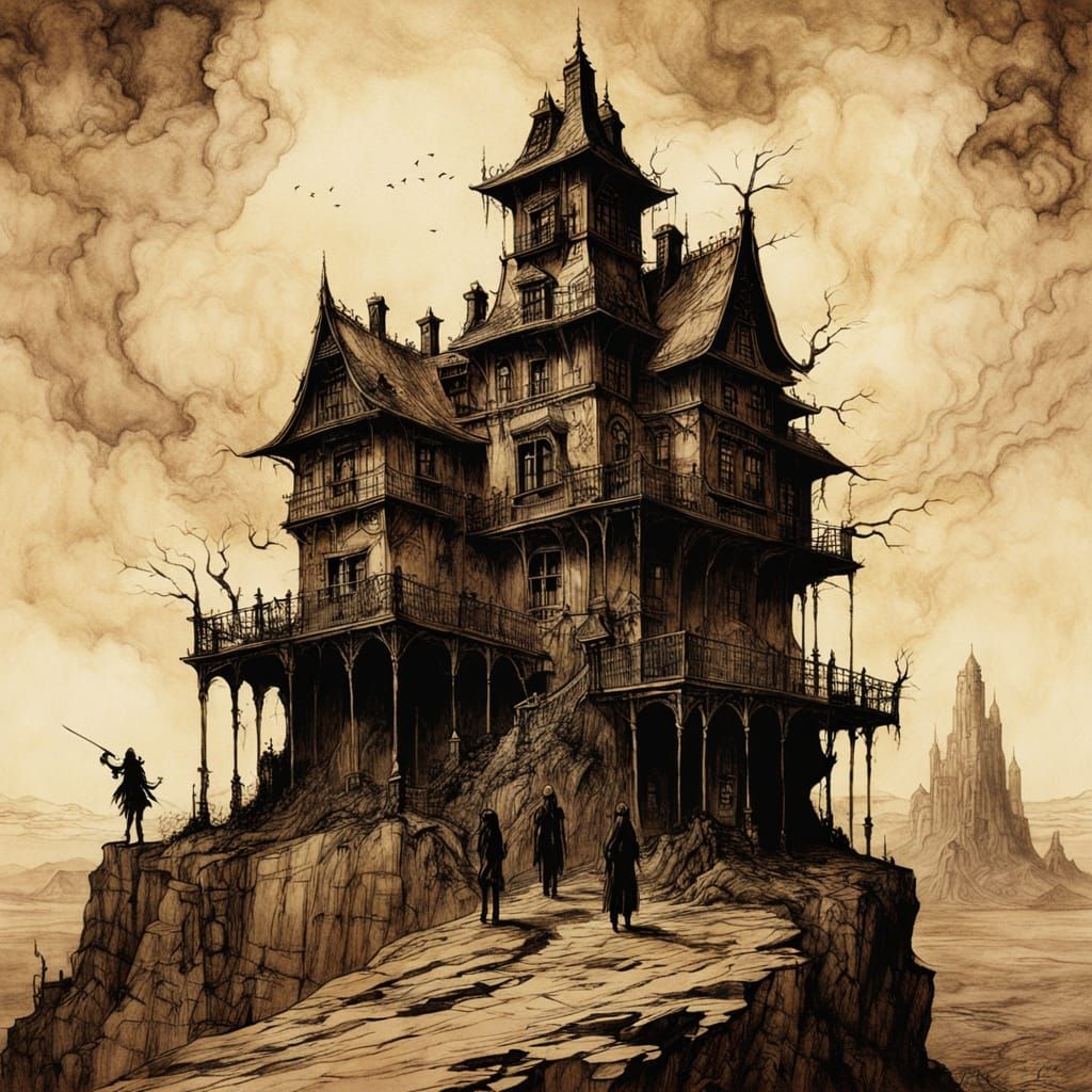 Retro-Futuristic Haunted House on Dangerous Cliff