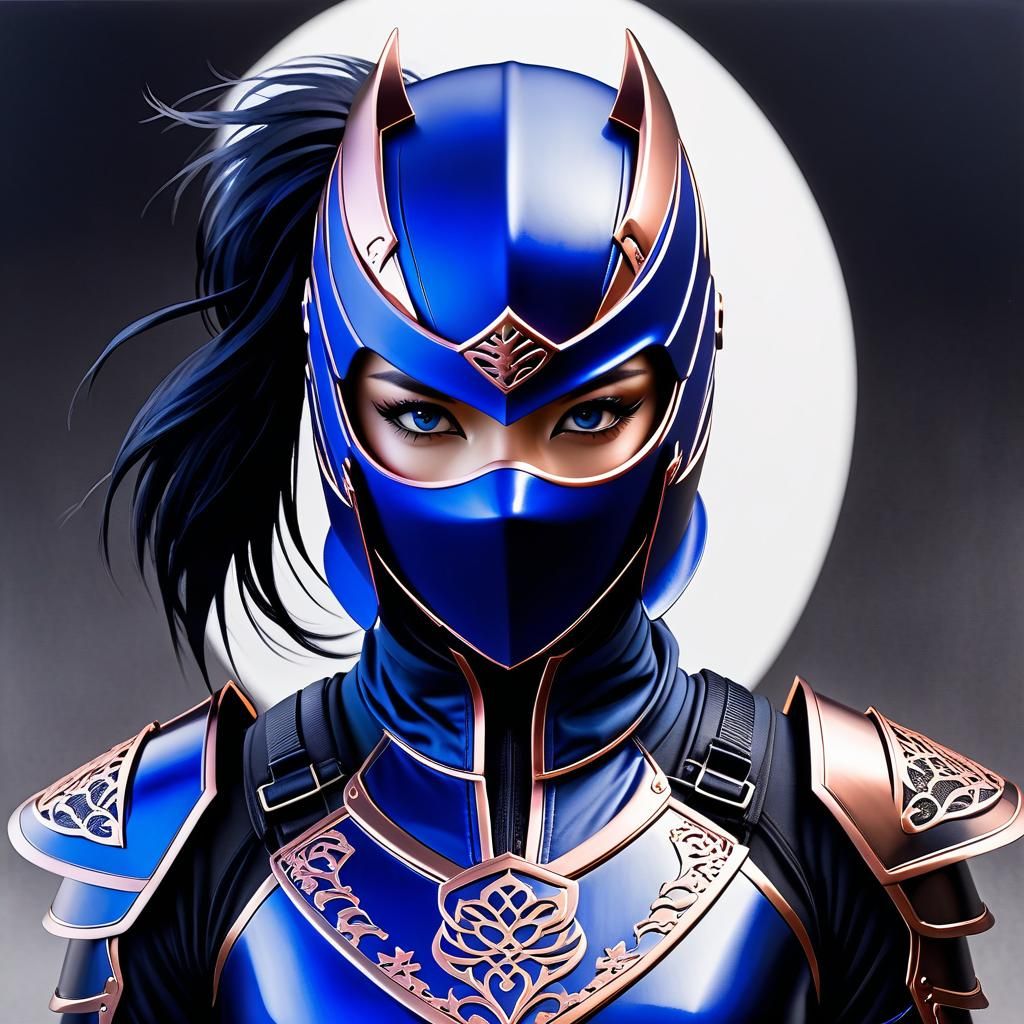 Female Ninja with Cobalt Mask in Ink Wash