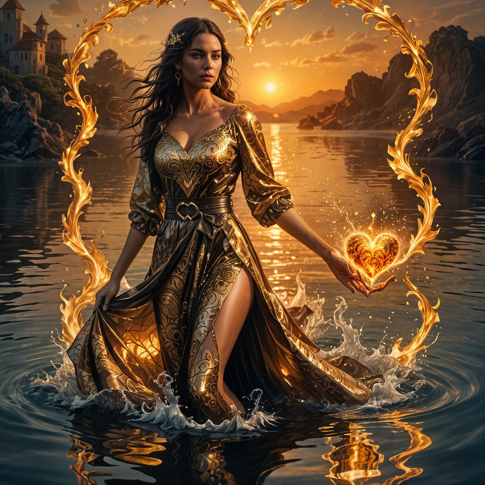 Fantasy Woman with Burning Heart in Stormy Landscape