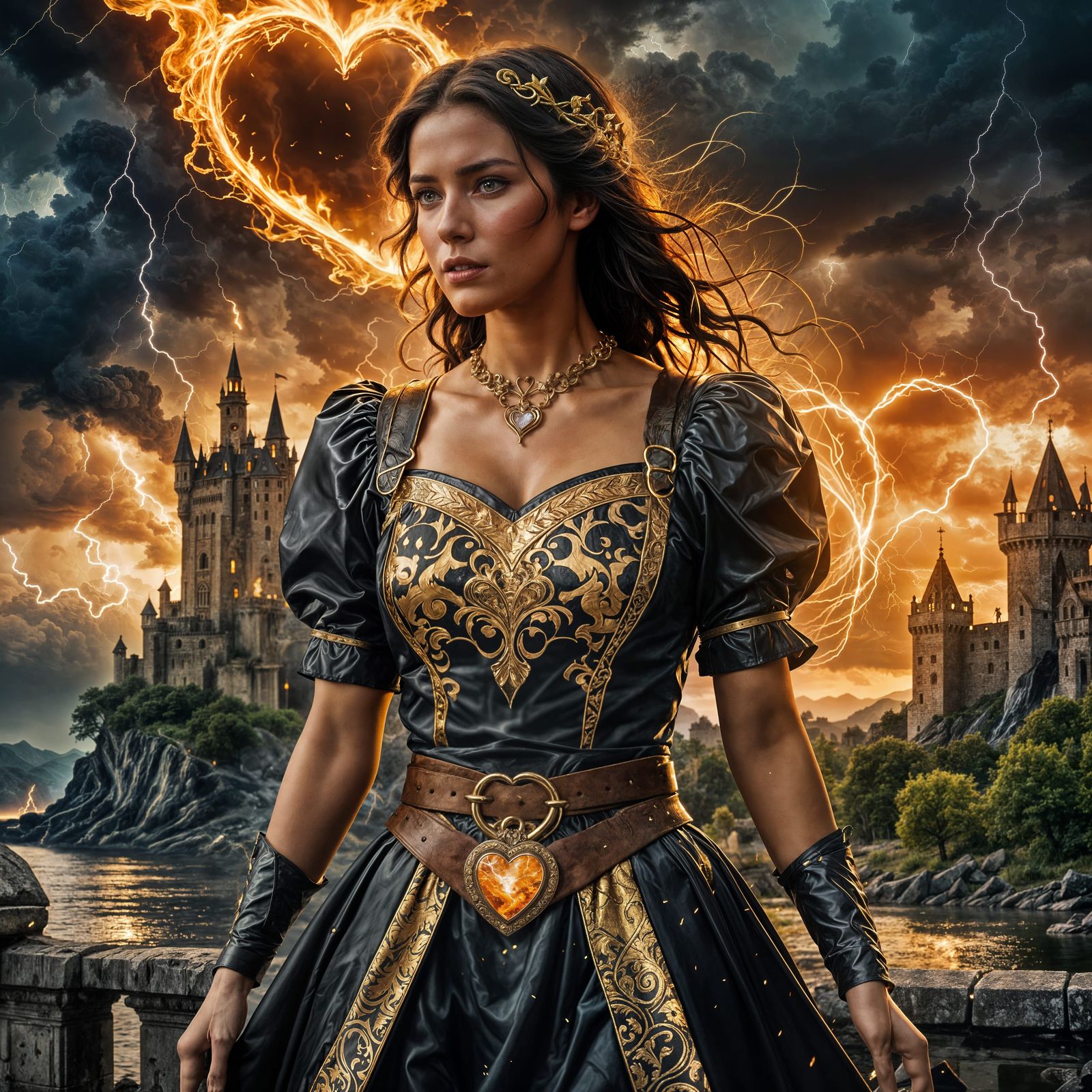 Fantasy Woman with Burning Heart in Stormy Landscape