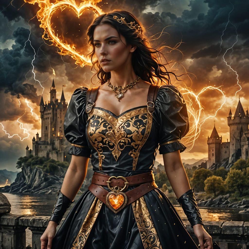 Brunette Woman with Burning Heart in Fantasy Landscape