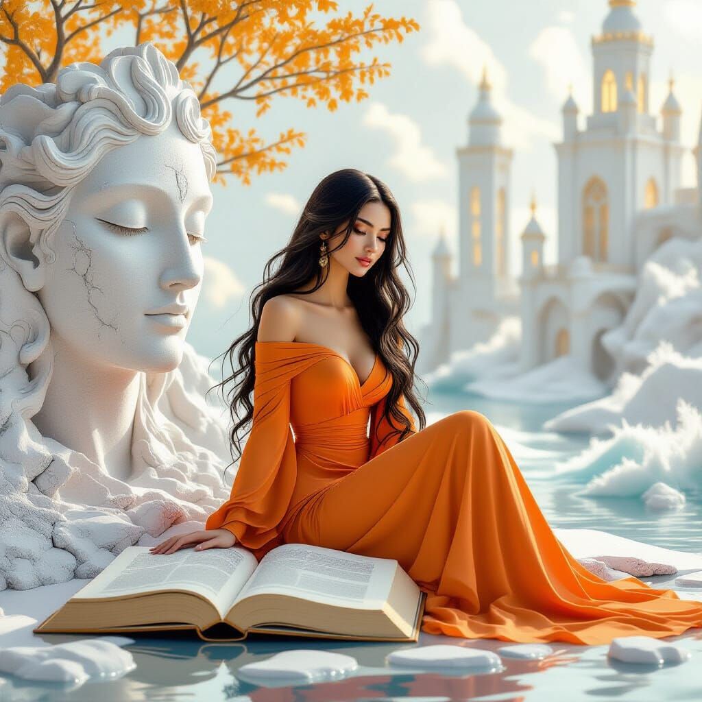 Serene Woman in Surreal 3D Sculpted Landscape