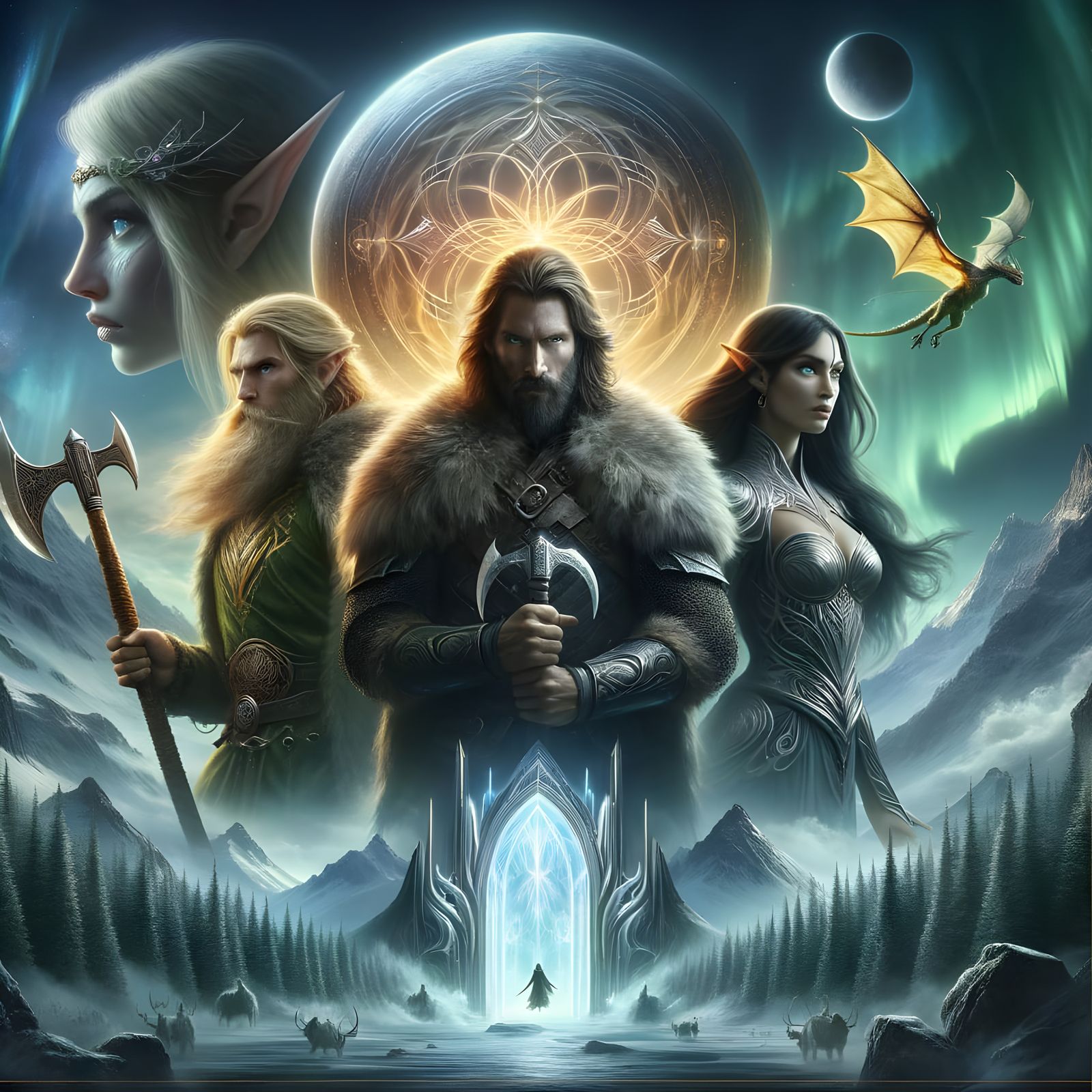 Fantasy Movie Poster with Viking, Elves, and Dragon