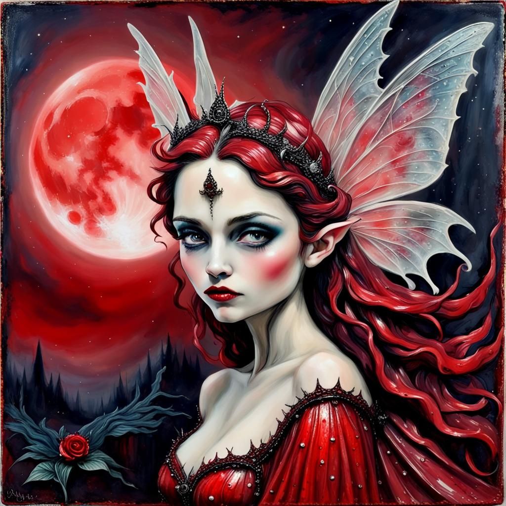 Encaustic Fairy Queen in Red Moonlight