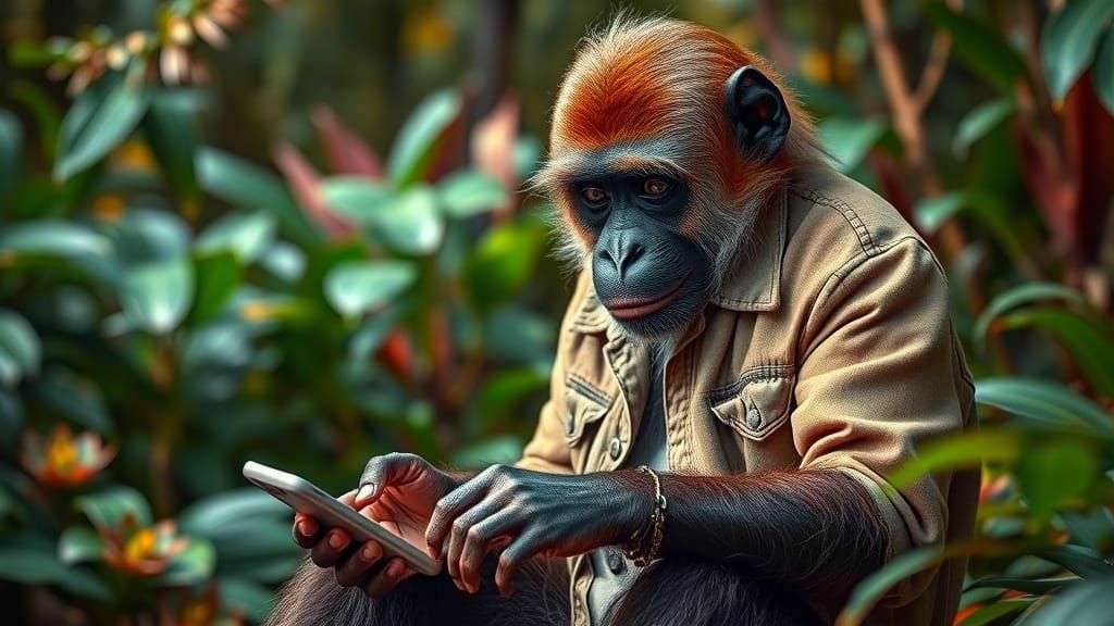 Bonobo Typist in Lush Jungle Environment