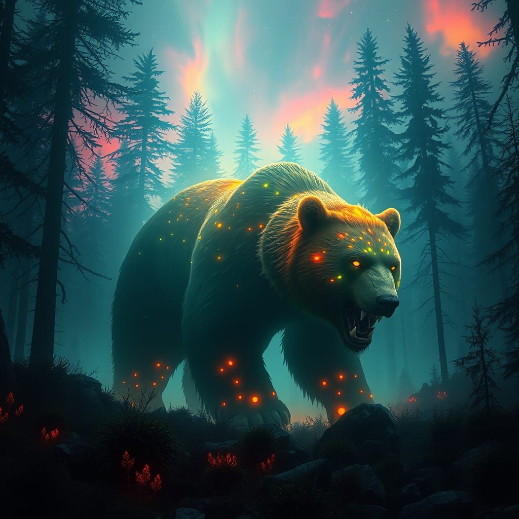 Bioluminescent Grizzly Roaming Mystical Forest as Digital Pa...