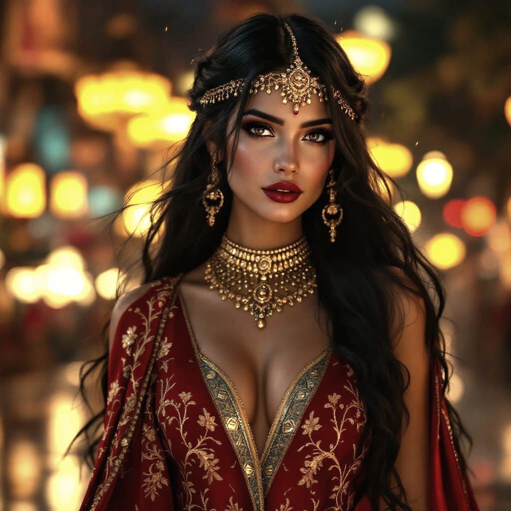 Elegant Woman in Red and Gold Cape Gown, Cairo Night