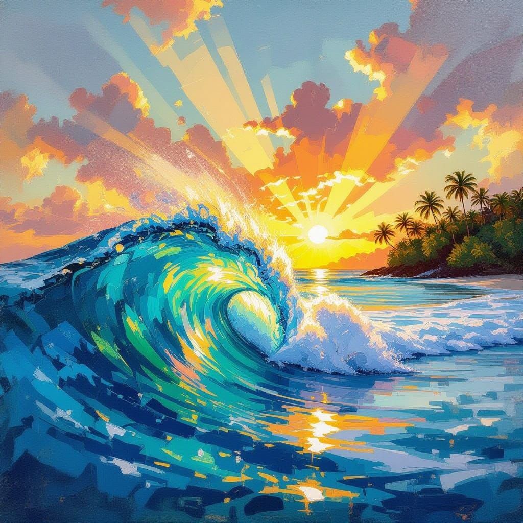 Oil Painting of Turquoise Wave at Sunset