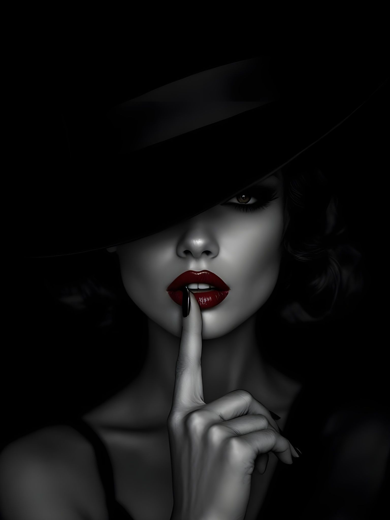 Film Noir Woman in Black Hat and Red Lips
