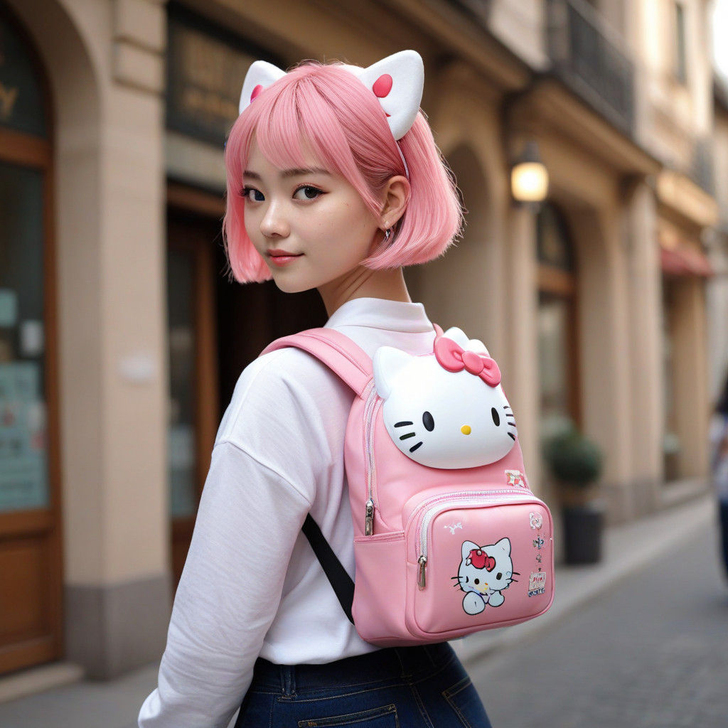 Adorable Girl with Hello Kitty Backpack in Vibrant Pastel Co...