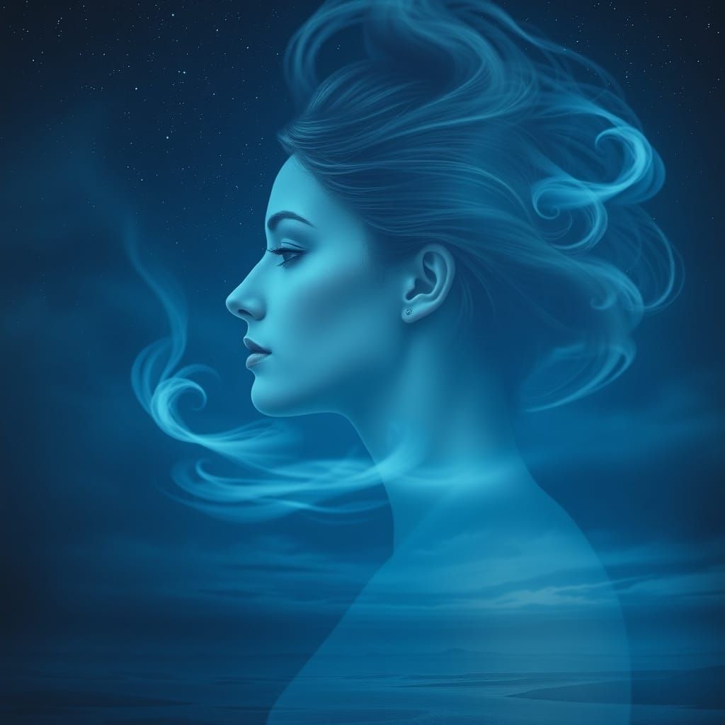 Ethereal Woman in Surreal Landscape with Cool Blue Light