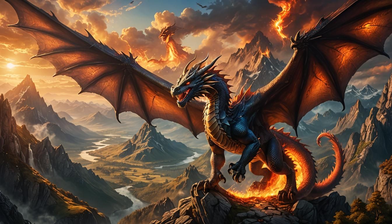 Majestic Dragon Soaring Over Mystical Landscape