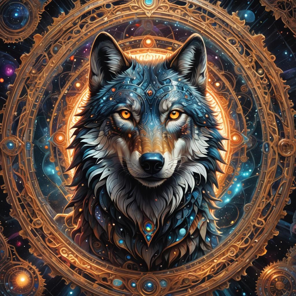 Wolf in Swirling Space-Time Patterns as Digital Art