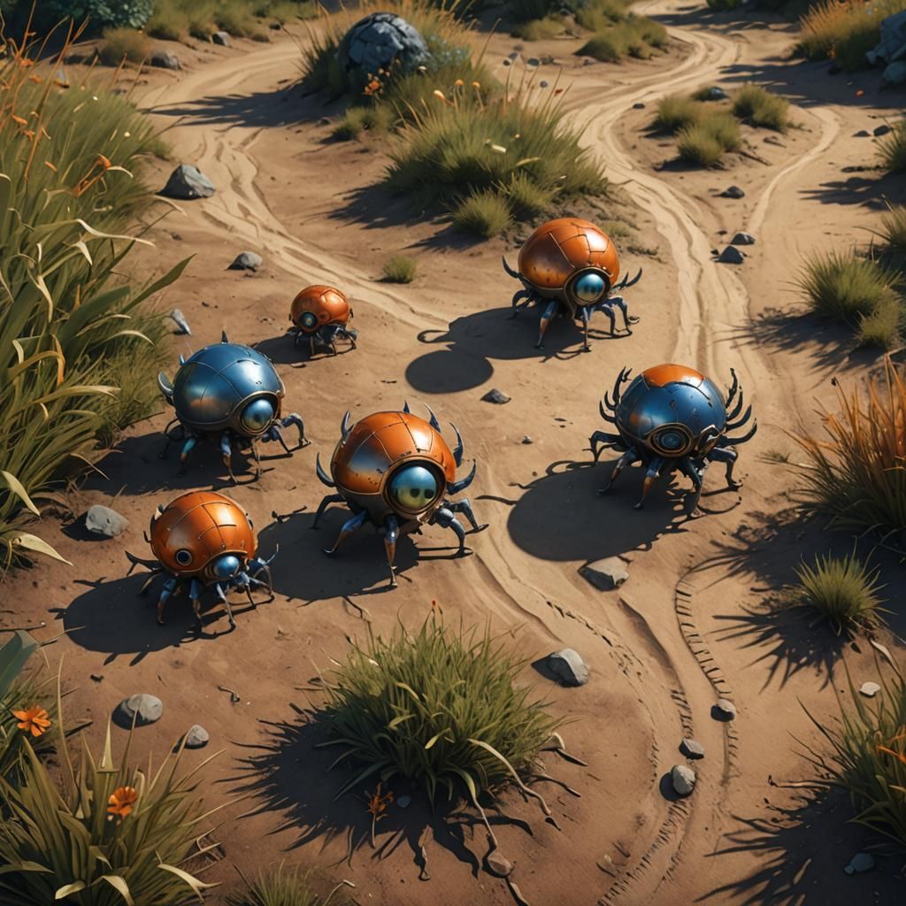 One-Eyed Metal Creatures in Medieval Landscape