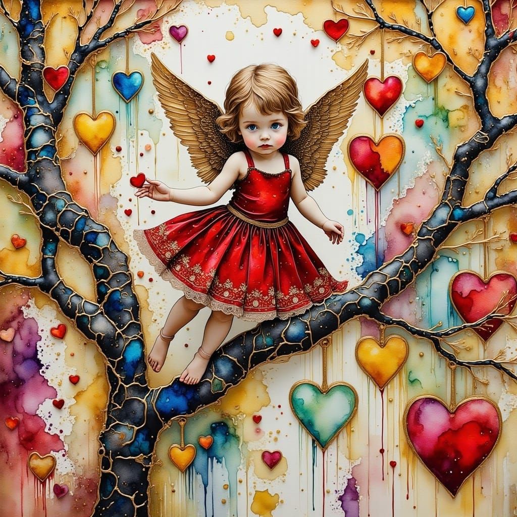 Whimsical Valentine Fairy Painting in Ink and Watercolor