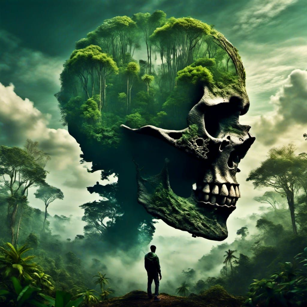 Skull and Forest Digital Art With Human Silhouette