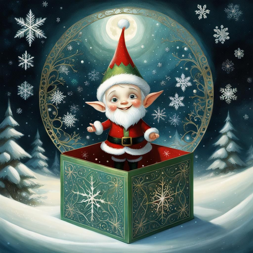 Joyful Baby Elf in Gift Box: 3D Rendered Fantasy Art