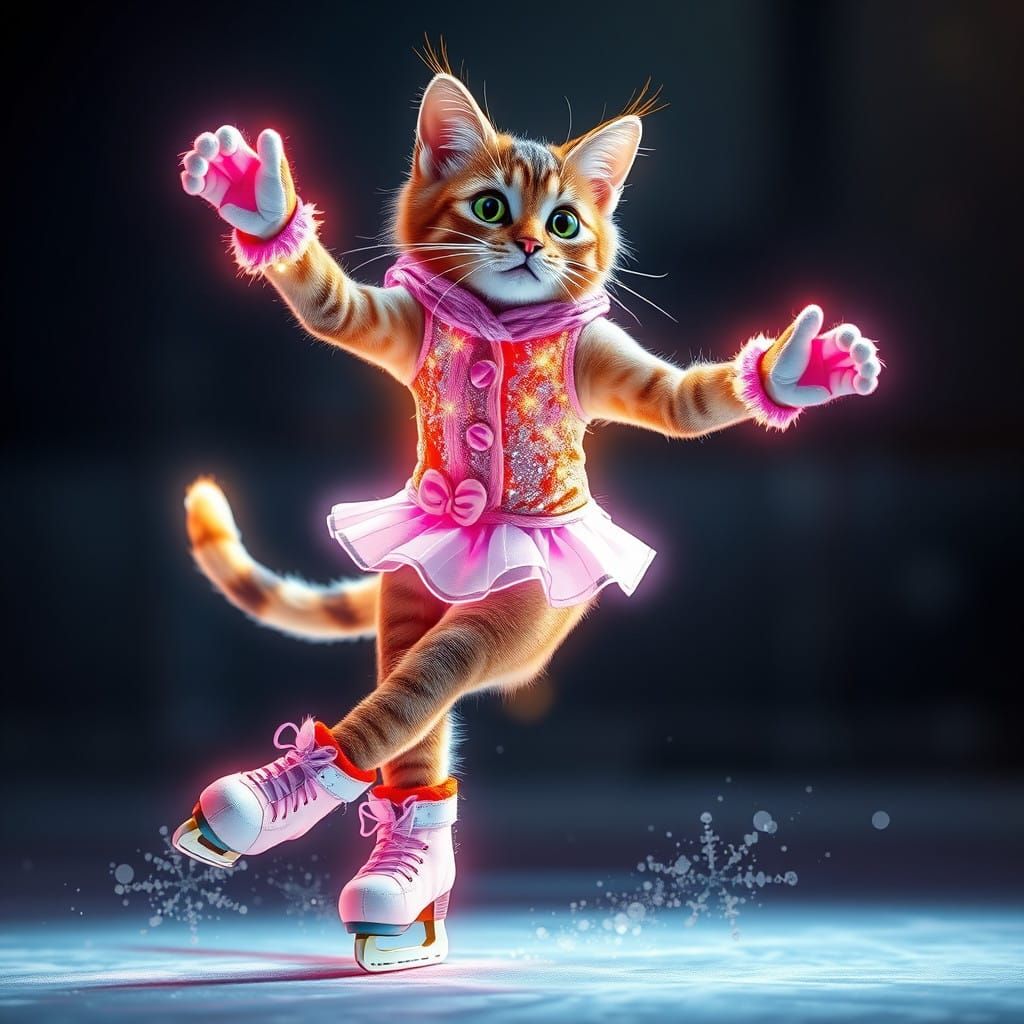Feline Figure Skater in a Neon Glow