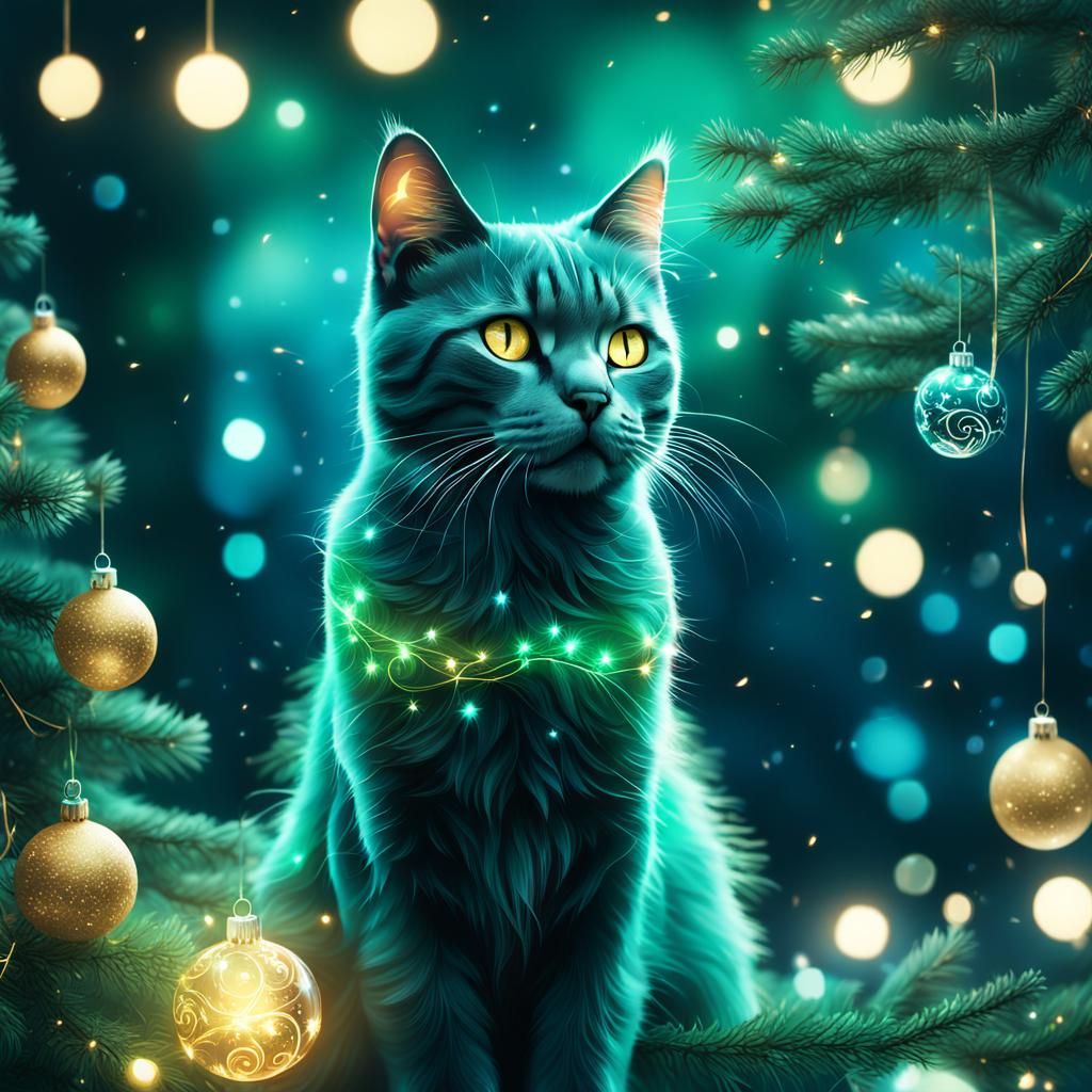 Christmas Cat in Double Exposure Digital Art