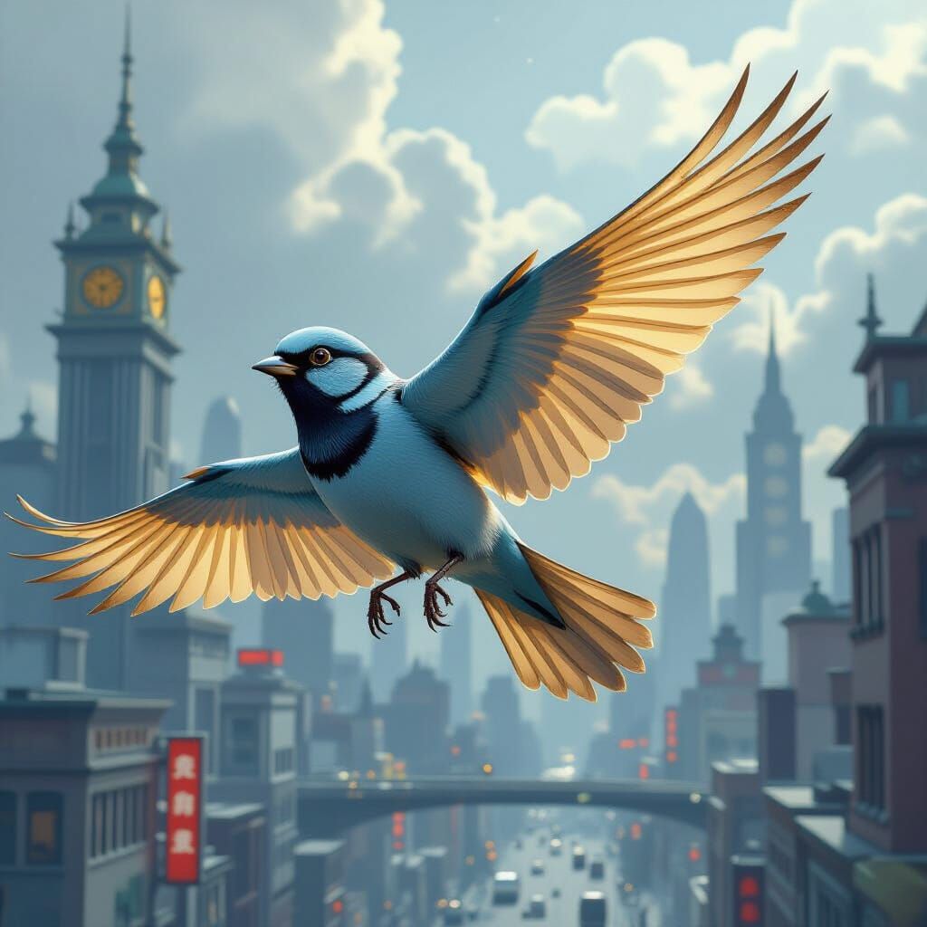 Mechanical Sparrow Flies Through Industrial City