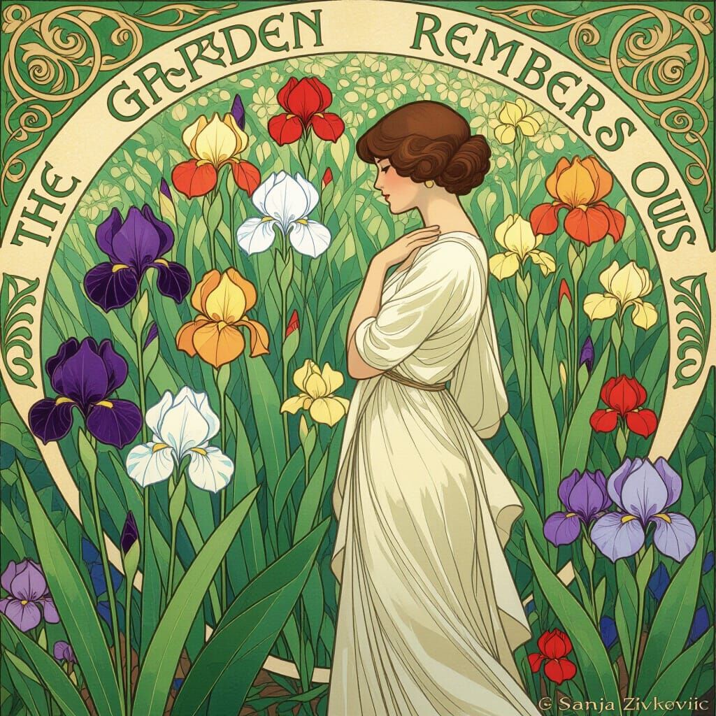 Art Nouveau Iris in a Blooming Garden