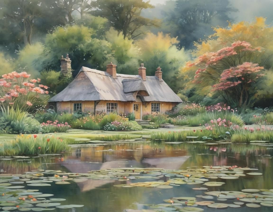 Idyllic Cottage in Watercolor Landscape