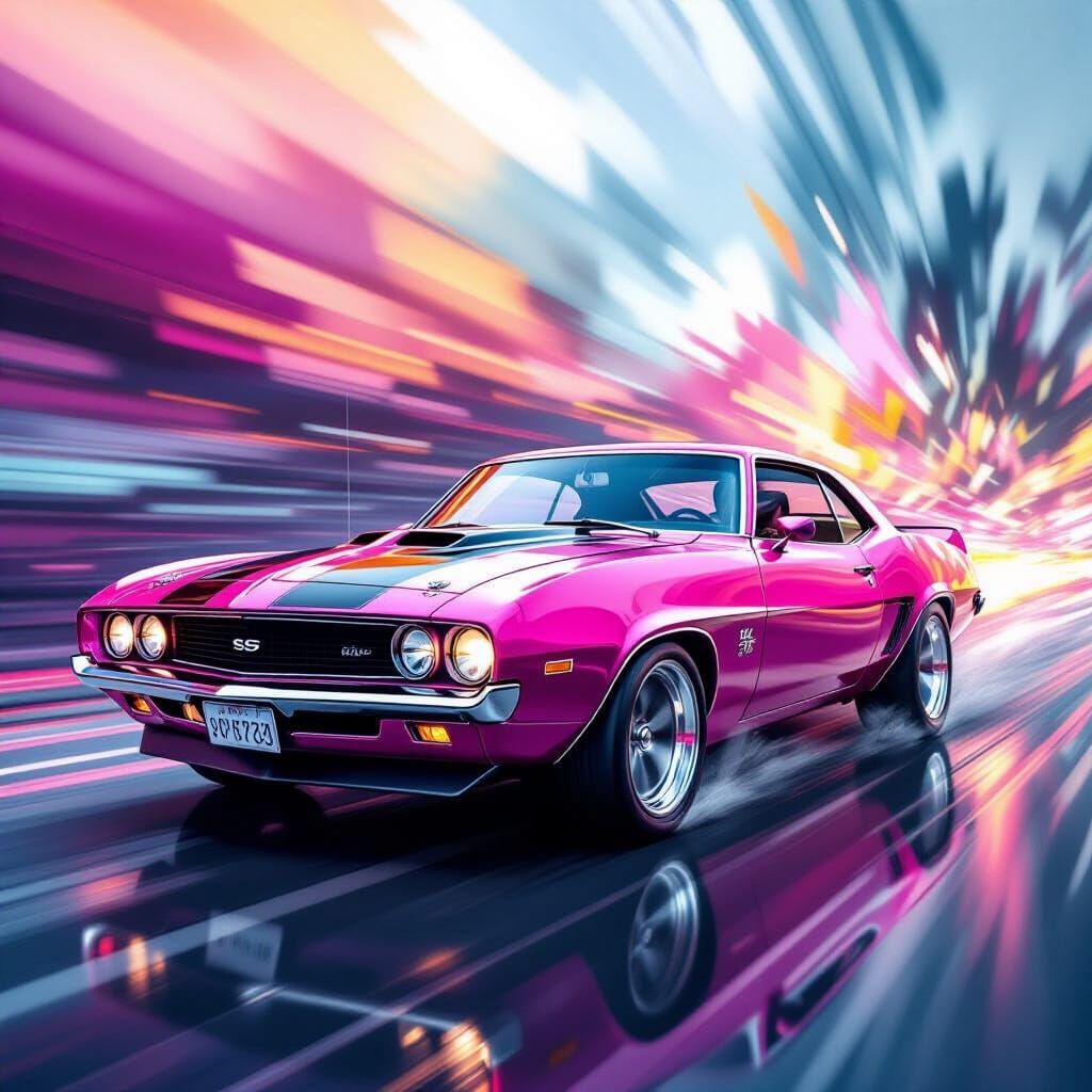 Fuchsia Muscle Car in Motion, Oil Painting Style