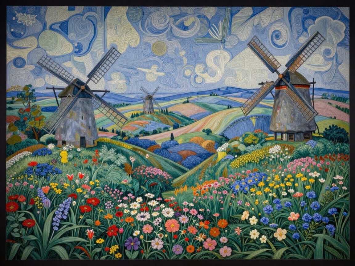Surreal Romantic Landscape Mural with Windmills and Flowers
